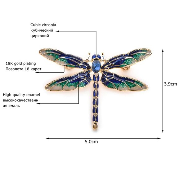 18K Gold Rhinestone Dragonfly Brooch - Picture 3 of 15